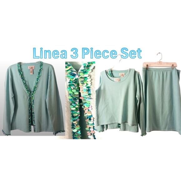 Linea 3 Pc Formal Cardigan Sweater Set Sz L AQUA SKY BLUE Sequins Knit was $350 - Picture 10 of 16